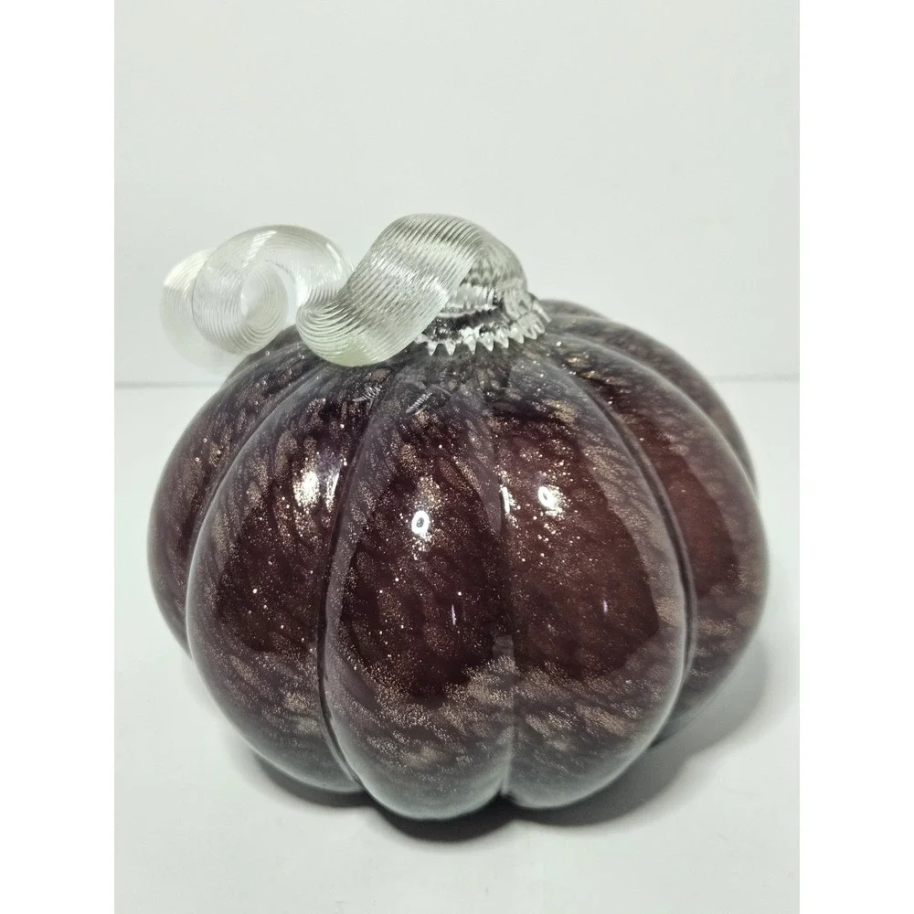 Maroon Hand Blown Glass Pumpkin Speckled Gold Glitter Curled Clear Stem Fall 6in